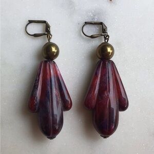 Marbled Maroon Drop Earrings with Vintage Beads